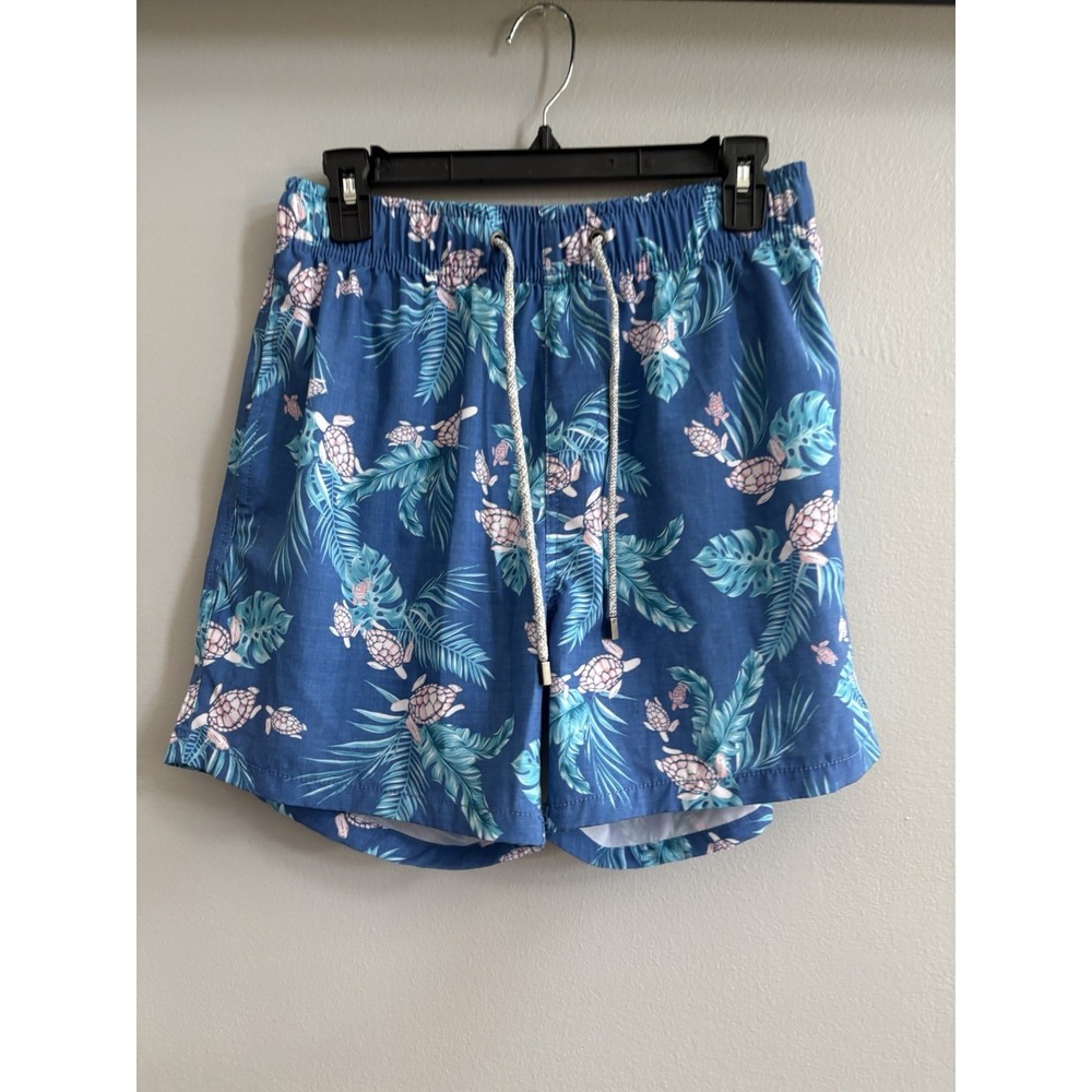 Vintage Summer Swim Trunks Men Size M Teal Shorts Lined Pockets Tropical Resort
